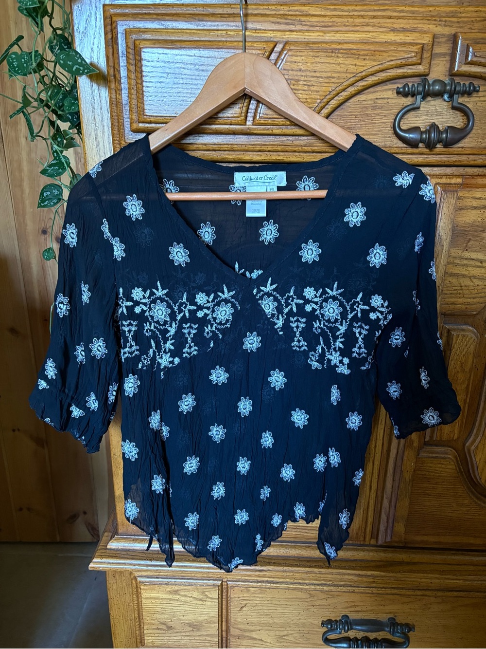 Y2K Coldwater Creek Black Floral crinkle Embroidered V-Neck Blouse- sheer
